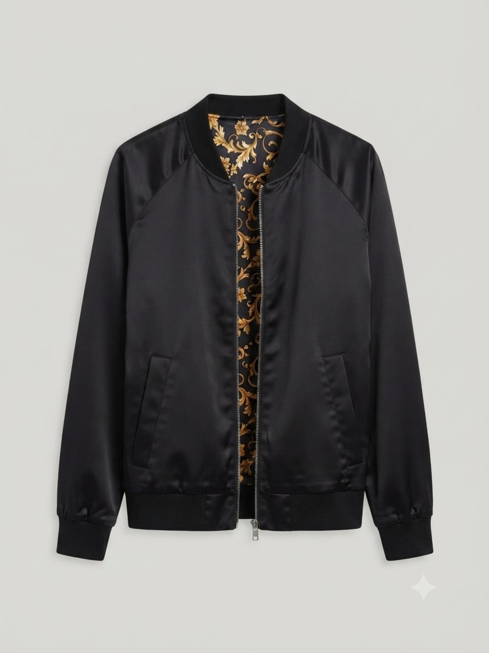 H&M Men’s Black Satin Bomber Jacket with Gold Baroque Lining